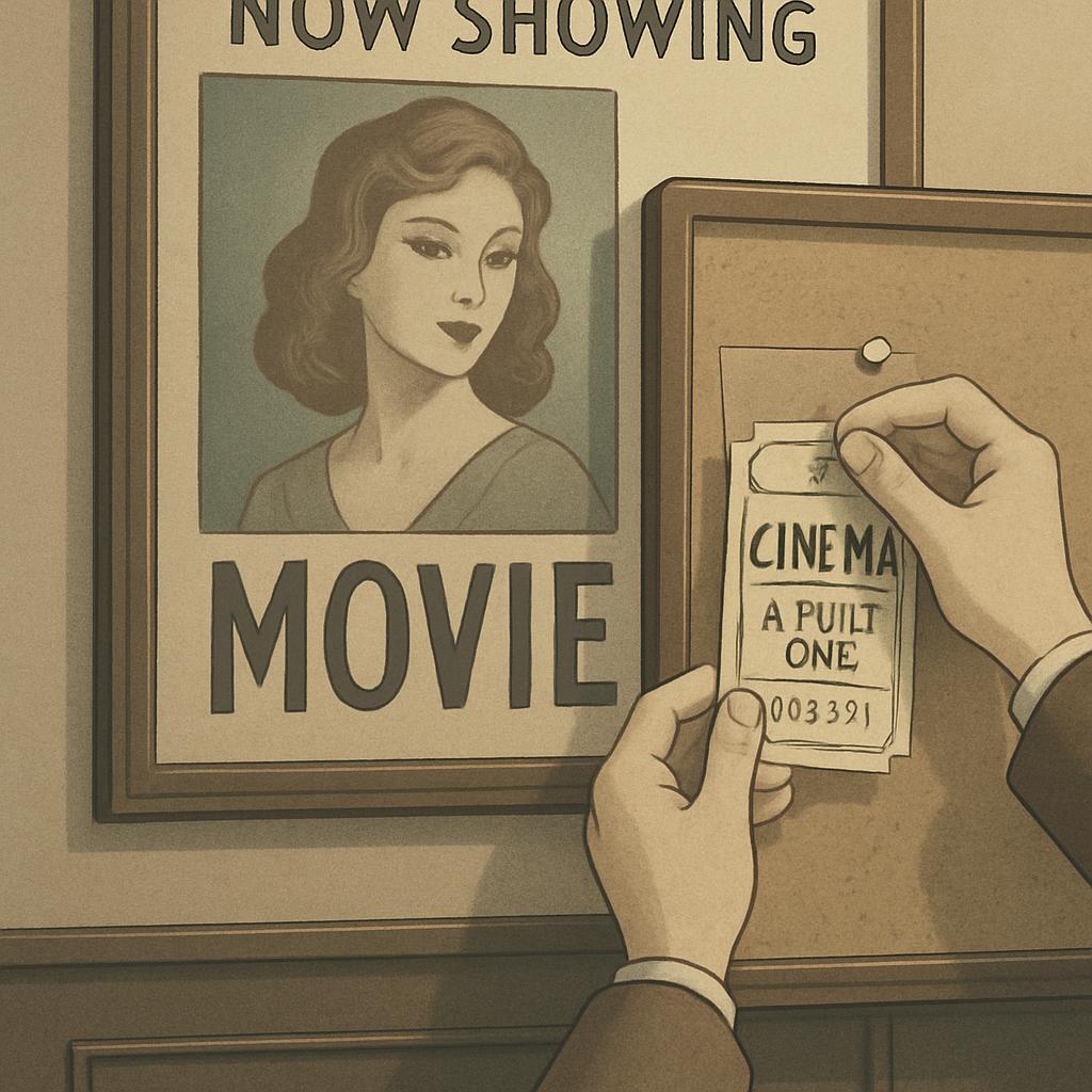 An artistic movie poster featuring a woman's portrait, with a hand holding a cinema ticket in the foreground.
