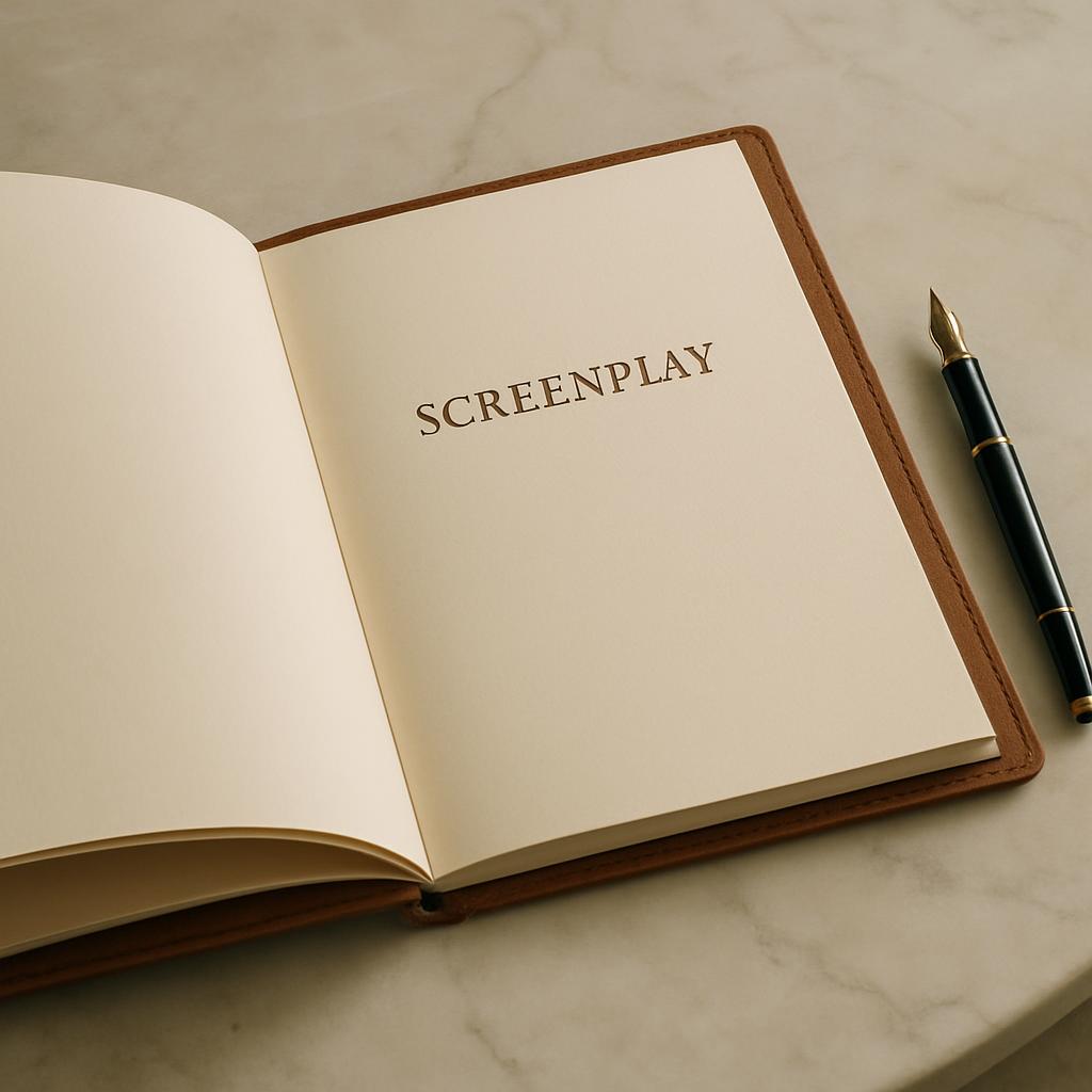 An open screenplay book with a pen next to it, on a table.