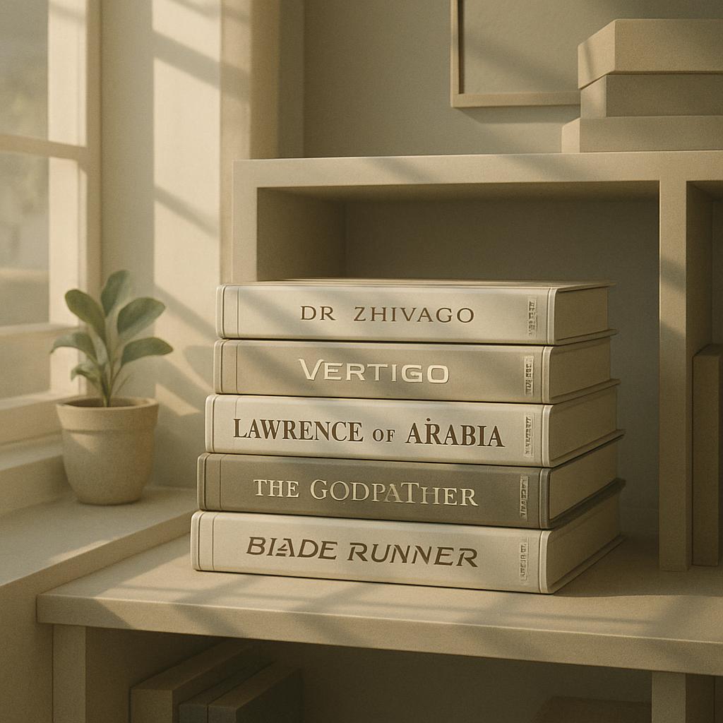 A stack of five books with their spines facing outwards, with book titles printed vertically. The books are in shades of t...