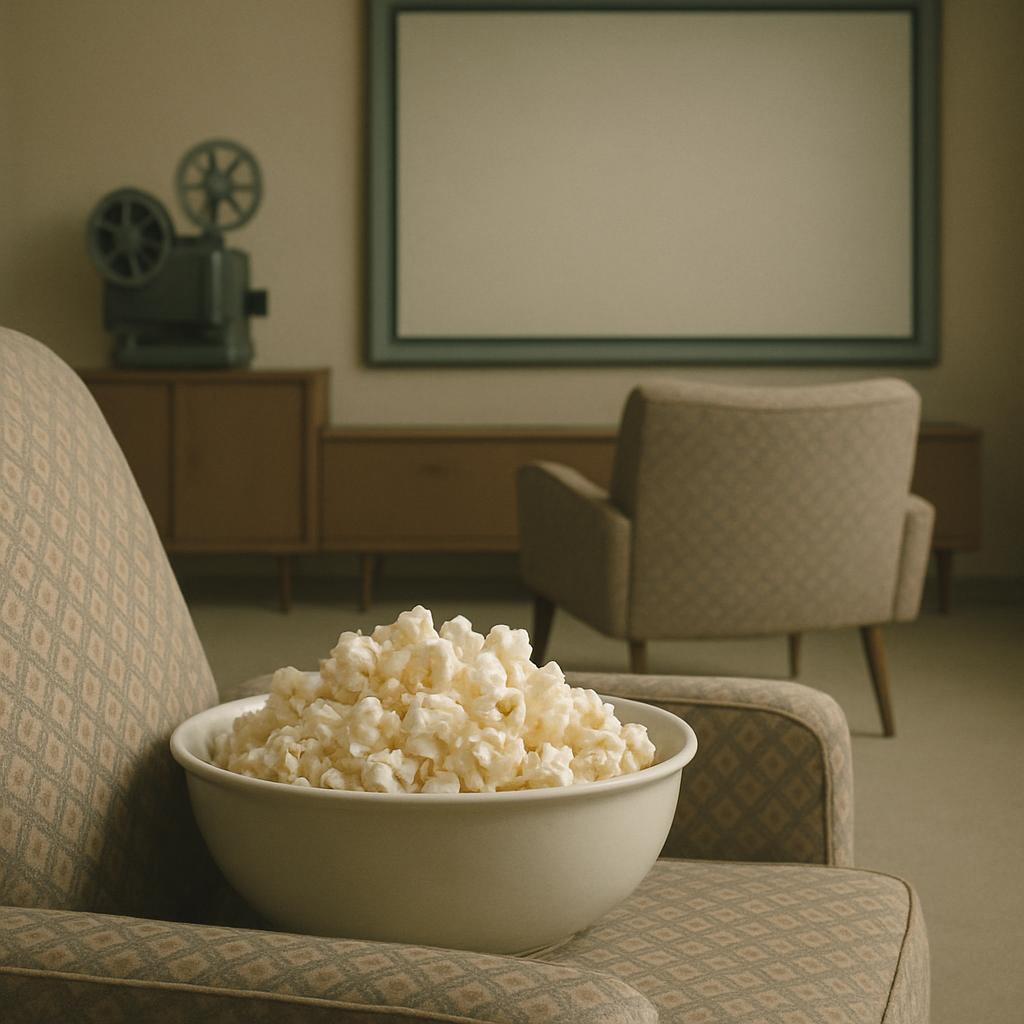 A bowl of popcorn sits in a tan patterned armchair in front of a beige wall with a white projection screen and a projector.