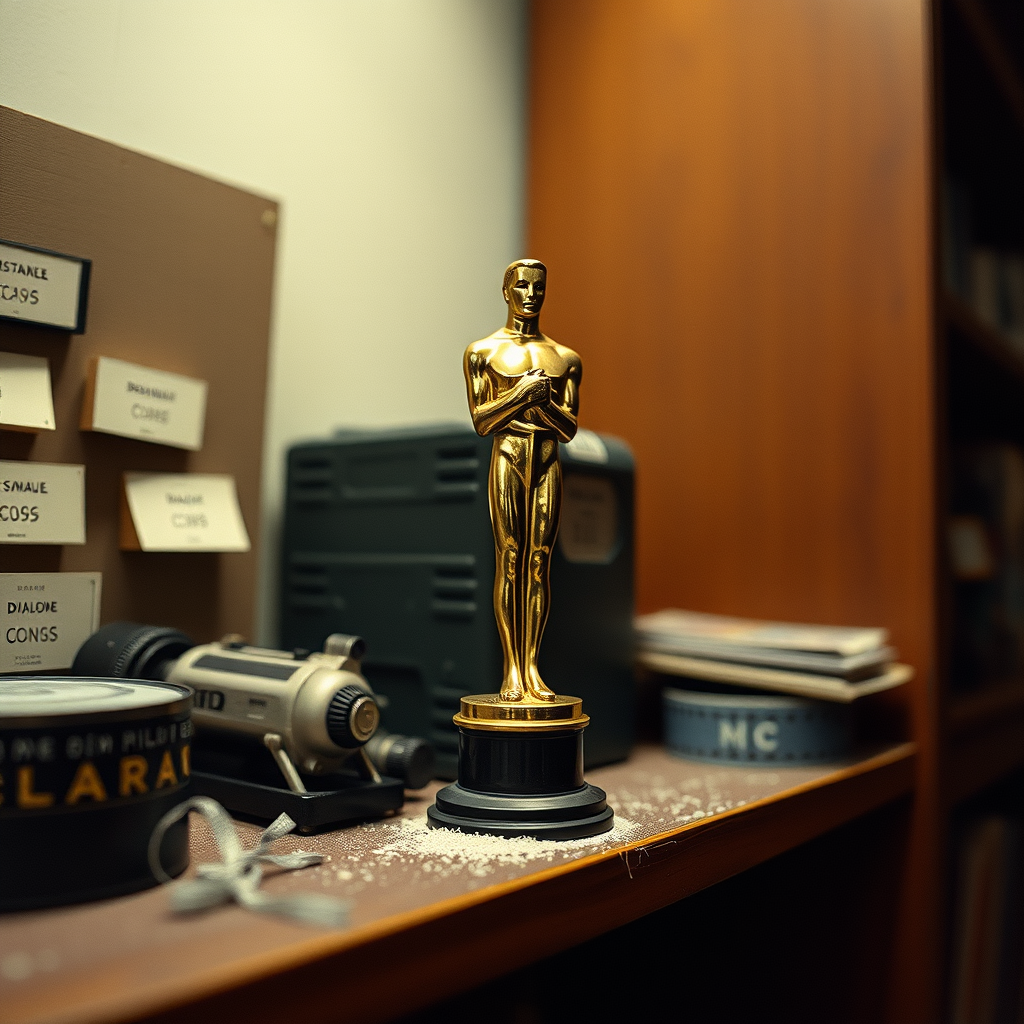 A gold Oscar statue stands on a wooden desk, surrounded by various objects, including a black and gold canister, a video c...